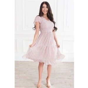 Orange Creek Smocked Midi Dress Womens Medium Pink White Ditsy Floral Lined